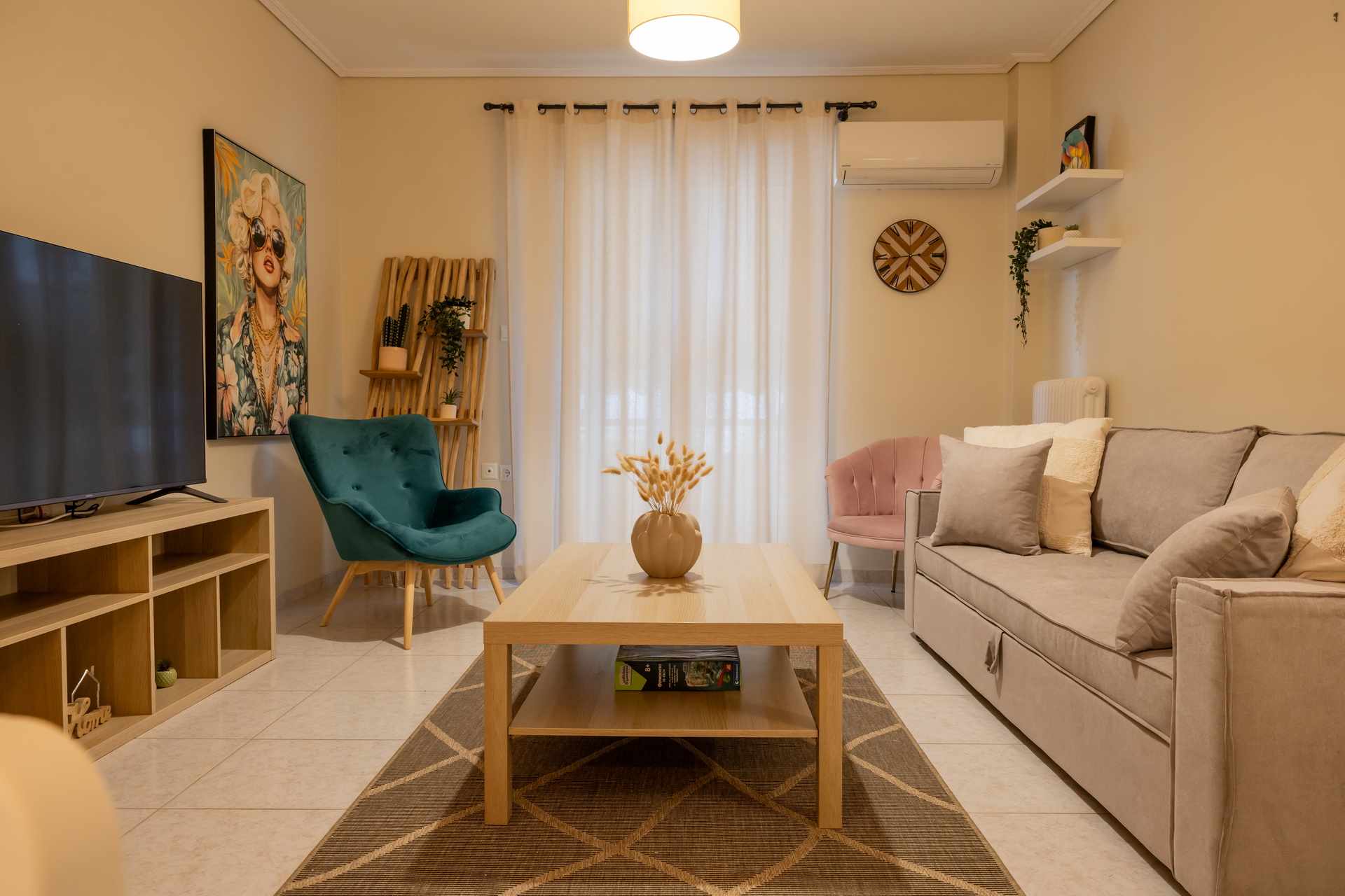 The bright living room of Semeli's House in Nafpaktos